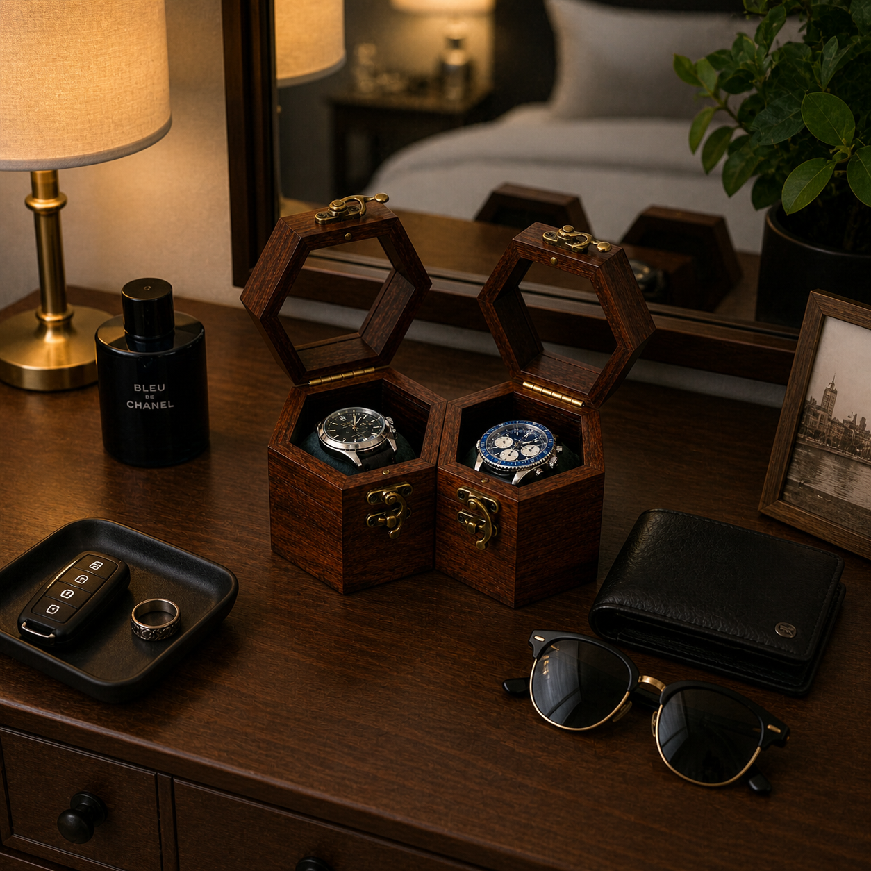 Luxury Rosewood Watch Box for Men – 2 Slot Wooden Watch Organizer with Soft Cushions & Metal Lock, Hexagon Honeycomb Watch Storage Case, Handmade Premium Gift