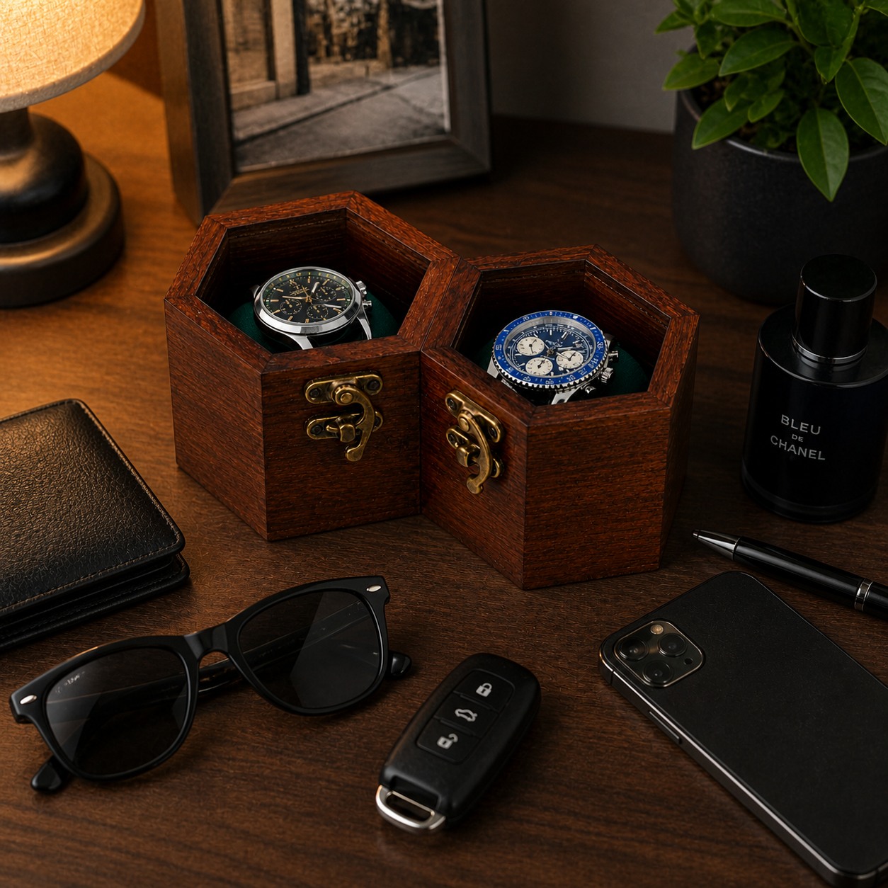 Luxury Rosewood Watch Box for Men – 2 Slot Wooden Watch Organizer with Soft Cushions & Metal Lock, Hexagon Honeycomb Watch Storage Case, Handmade Premium Gift