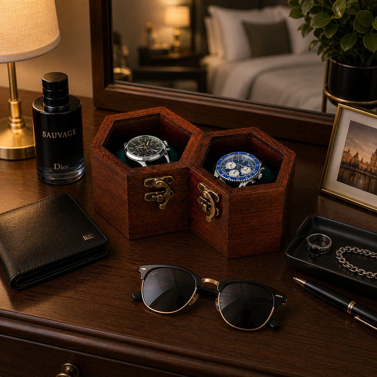Luxury Rosewood Watch Box for Men – 2 Slot Wooden Watch Organizer with Soft Cushions & Metal Lock, Hexagon Honeycomb Watch Storage Case, Handmade Premium Gift