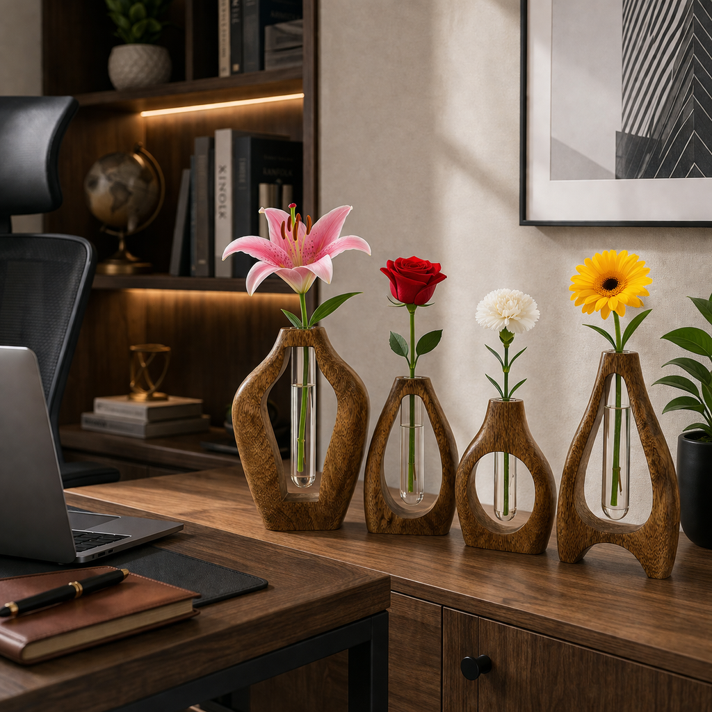 Set of 4 Wooden Flower Vases with Glass Tube – Handmade Mango Wood Bud Vases for Single Stem Flowers, Modern Tabletop Home Décor for Living Room, Office & Gifts