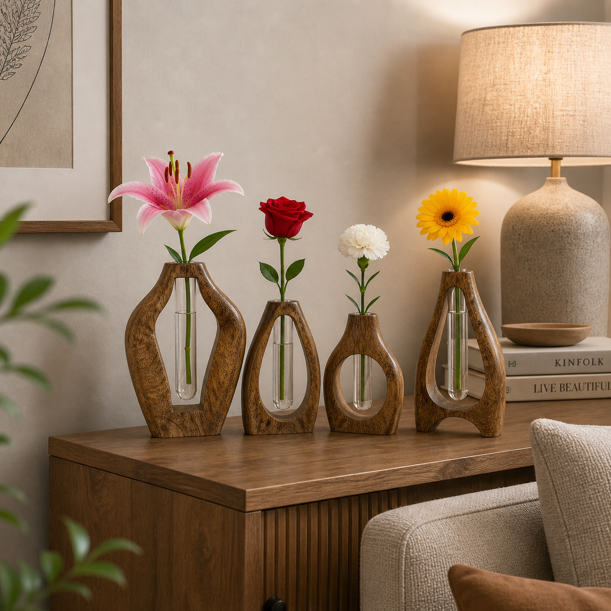 Set of 4 Wooden Flower Vases with Glass Tube – Handmade Mango Wood Bud Vases for Single Stem Flowers, Modern Tabletop Home Décor for Living Room, Office & Gifts