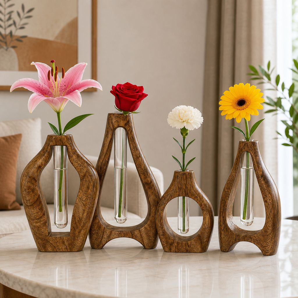 Set of 4 Wooden Flower Vases with Glass Tube – Handmade Mango Wood Bud Vases for Single Stem Flowers, Modern Tabletop Home Décor for Living Room, Office & Gifts