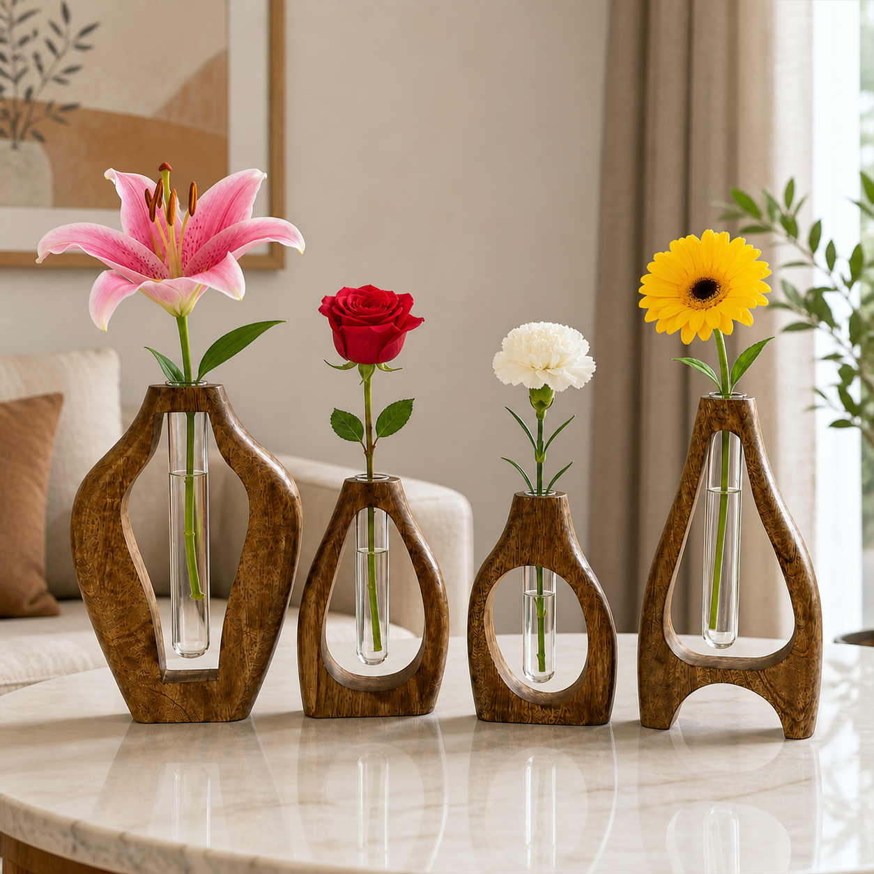 Set of 4 Wooden Flower Vases with Glass Tube – Handmade Mango Wood Bud Vases for Single Stem Flowers, Modern Tabletop Home Décor for Living Room, Office & Gifts