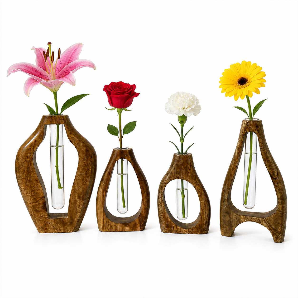 Set of 4 Wooden Flower Vases with Glass Tube – Handmade Mango Wood Bud Vases for Single Stem Flowers, Modern Tabletop Home Décor for Living Room, Office & Gifts