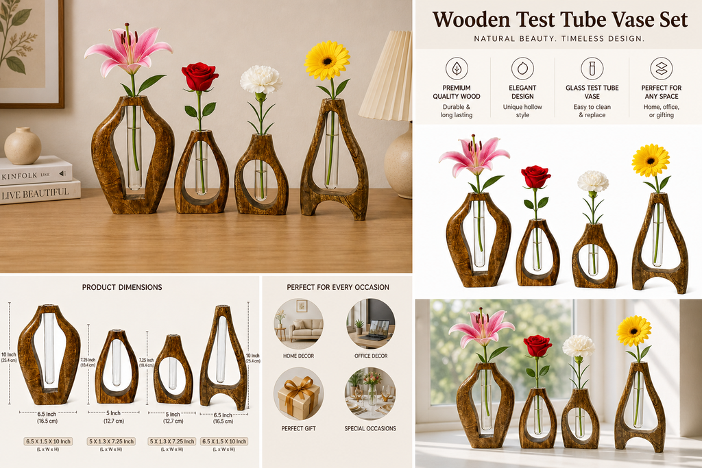 Set of 4 Wooden Flower Vases with Glass Tube – Handmade Mango Wood Bud Vases for Single Stem Flowers, Modern Tabletop Home Décor for Living Room, Office & Gifts