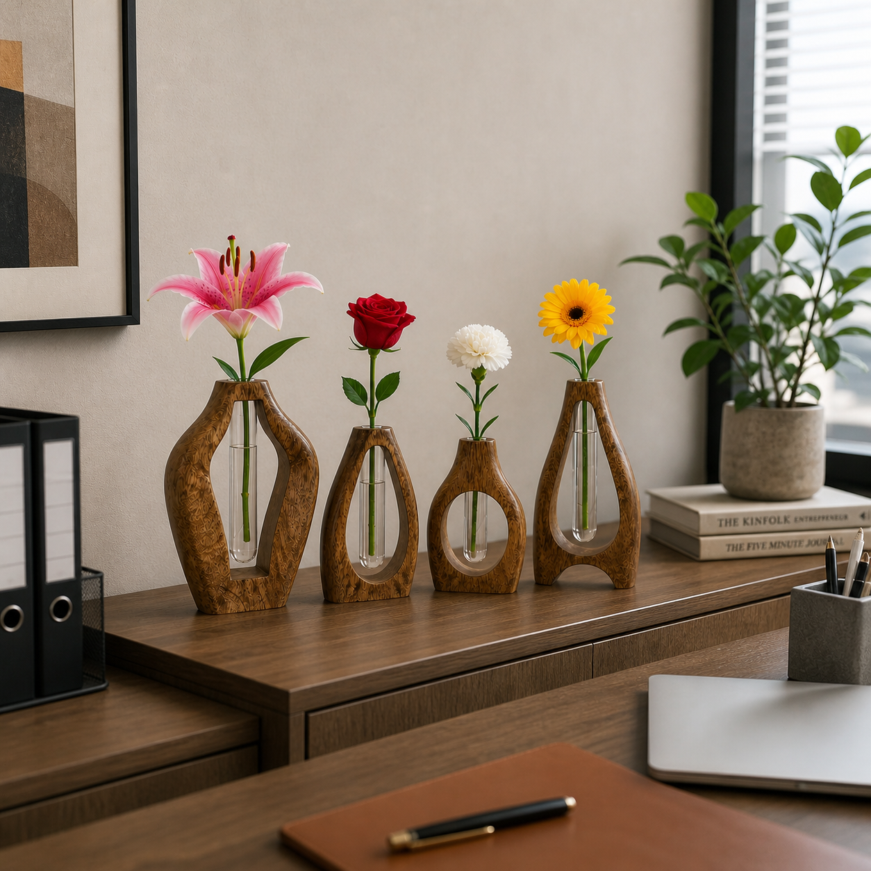Set of 4 Wooden Flower Vases with Glass Tube – Handmade Mango Wood Bud Vases for Single Stem Flowers, Modern Tabletop Home Décor for Living Room, Office & Gifts