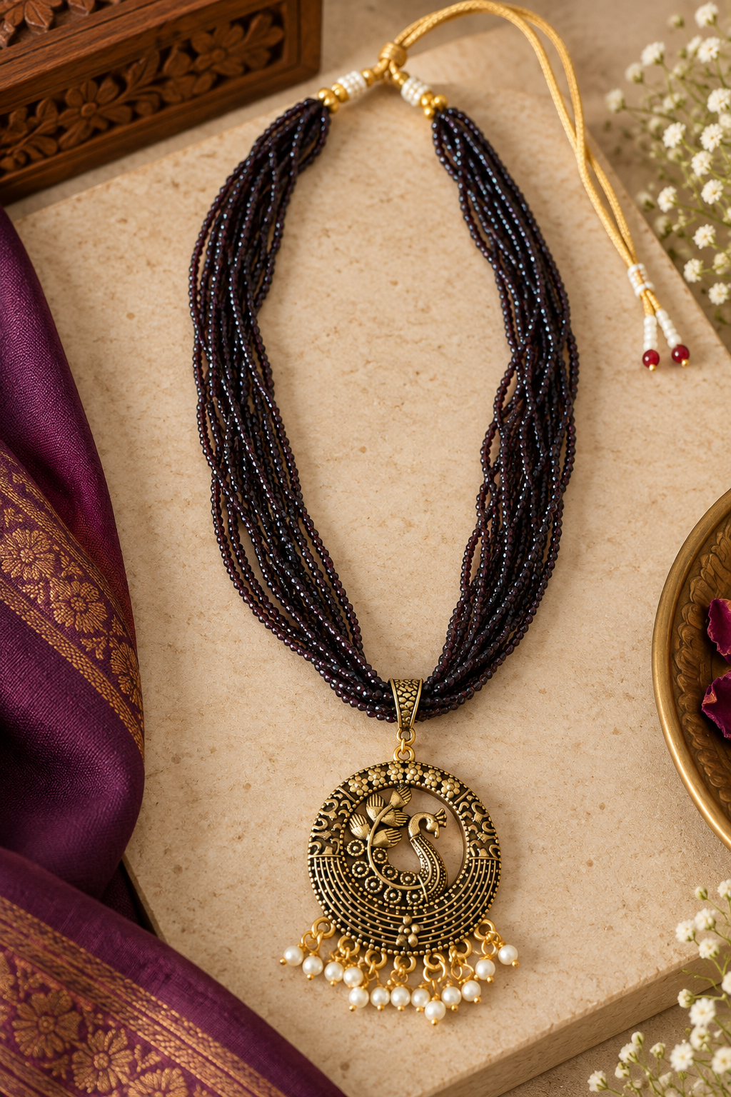 Oxidized Gold Peacock Pendant Multi-Strand Beaded Necklace Set