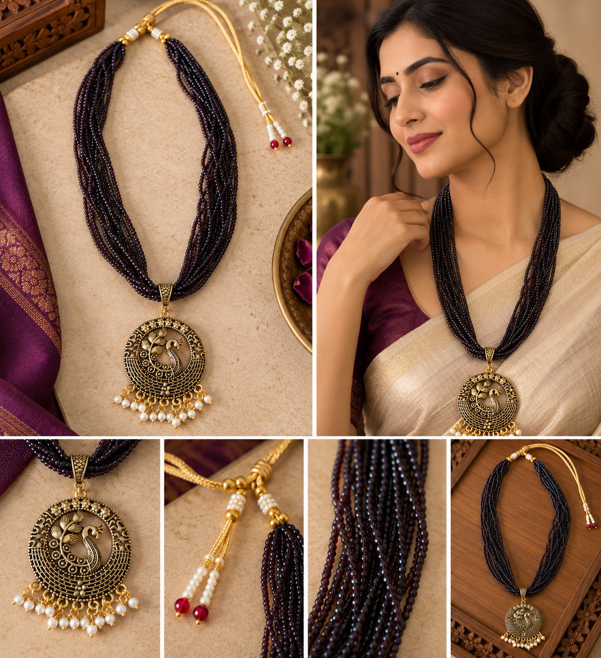 Oxidized Gold Peacock Pendant Multi-Strand Beaded Necklace Set