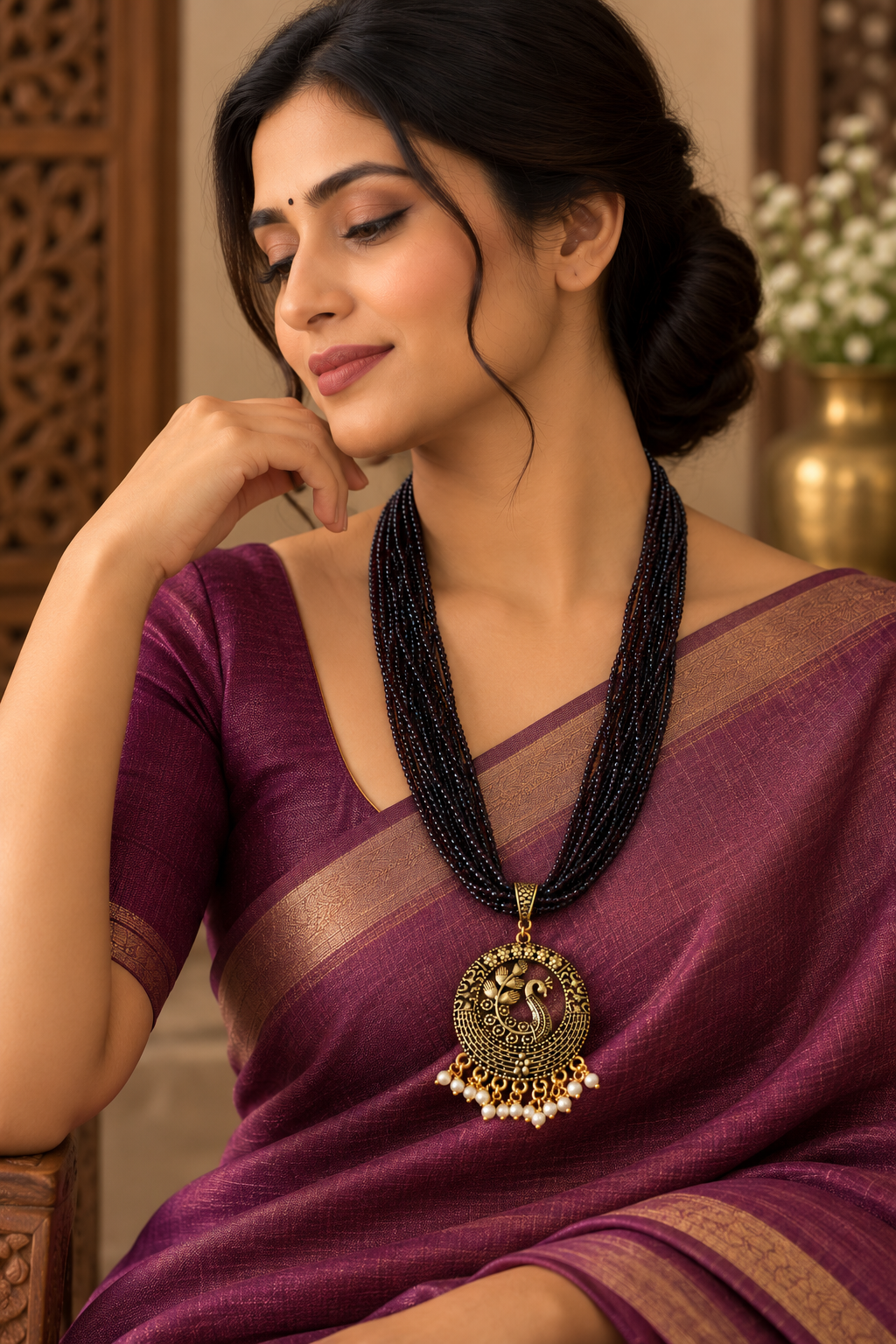 Oxidized Gold Peacock Pendant Multi-Strand Beaded Necklace Set