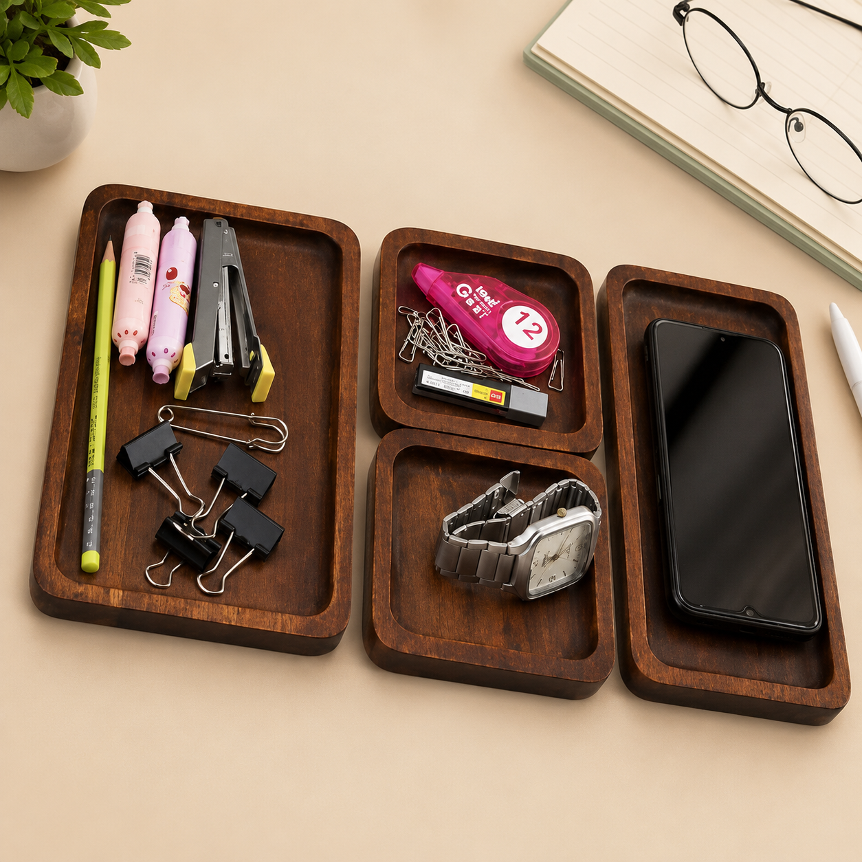 Wooden Desk Organizer Tray Set (Set of 3) | Premium Mango Wood Table Organizer for Mobile, Watch, Keys & Accessories | Multipurpose Office & Home Storage Trays | Rustic Finish