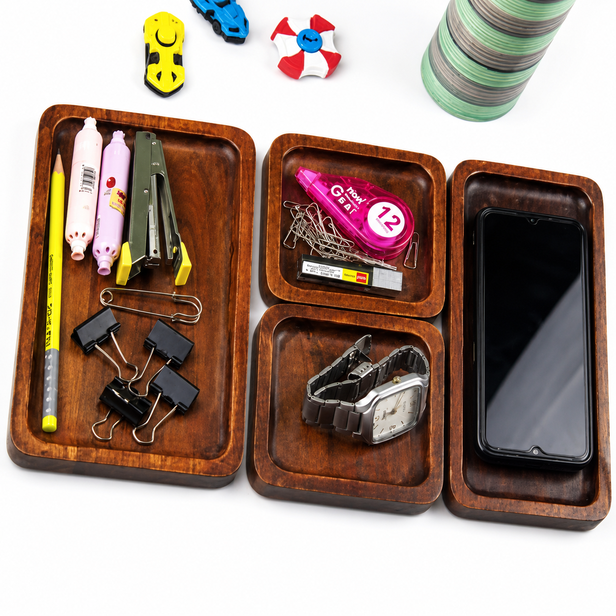 Wooden Desk Organizer Tray Set (Set of 3) | Premium Mango Wood Table Organizer for Mobile, Watch, Keys & Accessories | Multipurpose Office & Home Storage Trays | Rustic Finish