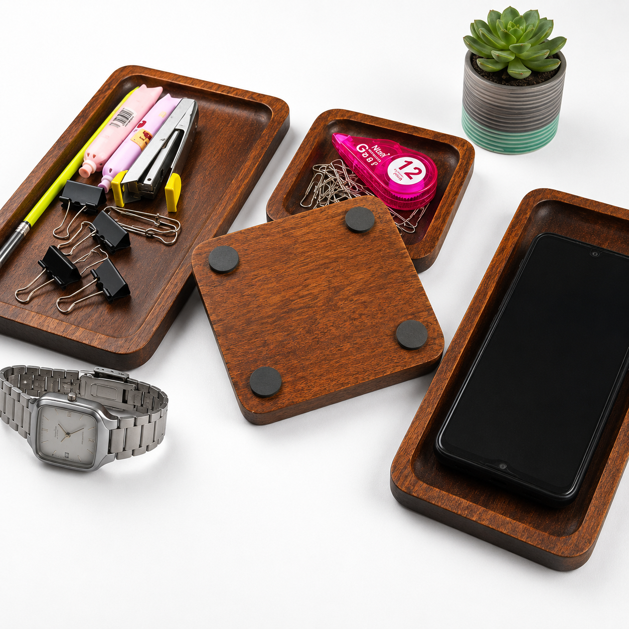 Wooden Desk Organizer Tray Set (Set of 3) | Premium Mango Wood Table Organizer for Mobile, Watch, Keys & Accessories | Multipurpose Office & Home Storage Trays | Rustic Finish