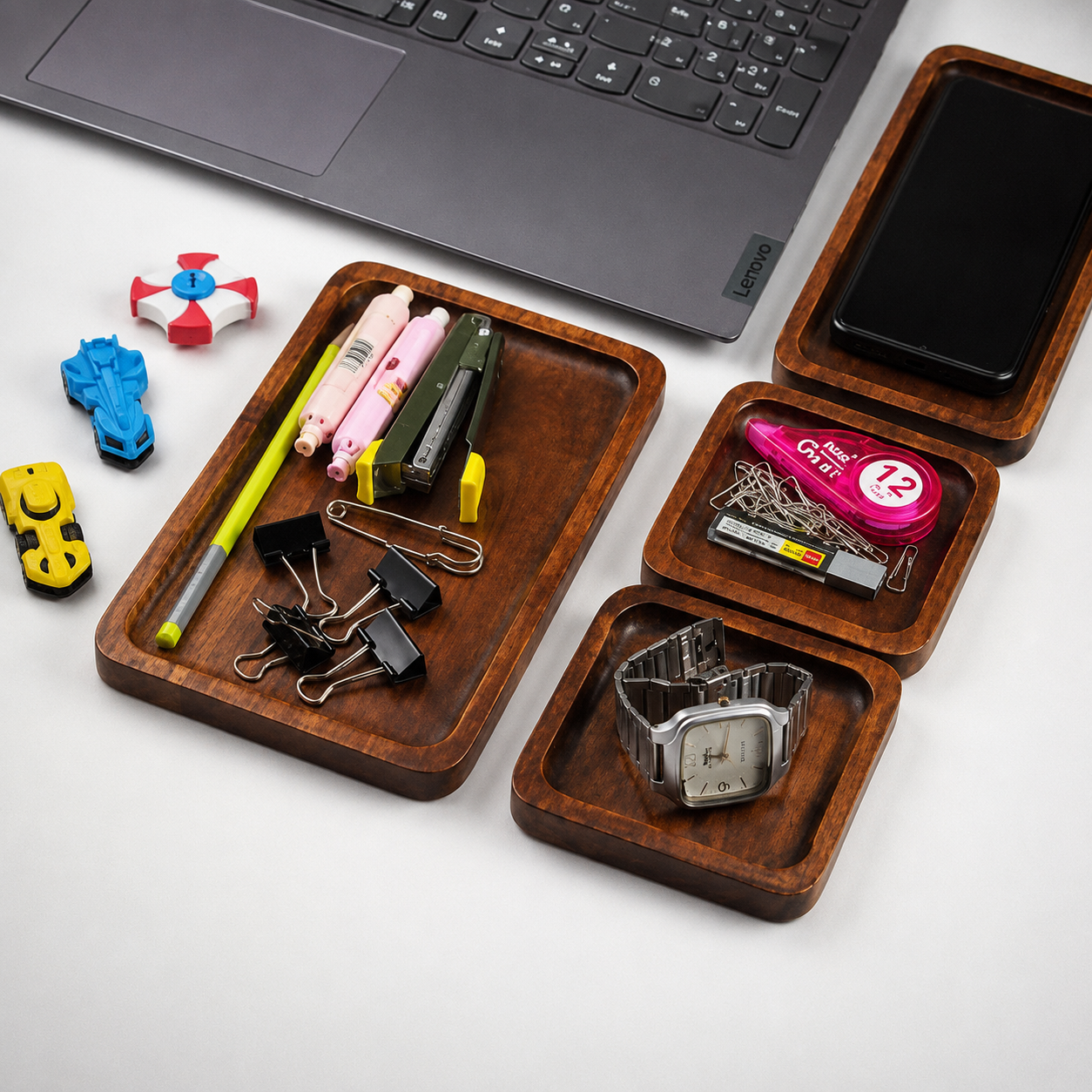 Wooden Desk Organizer Tray Set (Set of 3) | Premium Mango Wood Table Organizer for Mobile, Watch, Keys & Accessories | Multipurpose Office & Home Storage Trays | Rustic Finish
