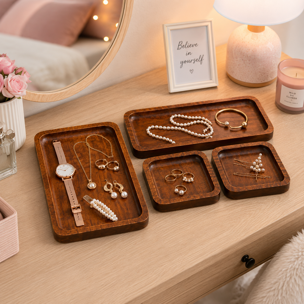 Wooden Desk Organizer Tray Set (Set of 3) | Premium Mango Wood Table Organizer for Mobile, Watch, Keys & Accessories | Multipurpose Office & Home Storage Trays | Rustic Finish