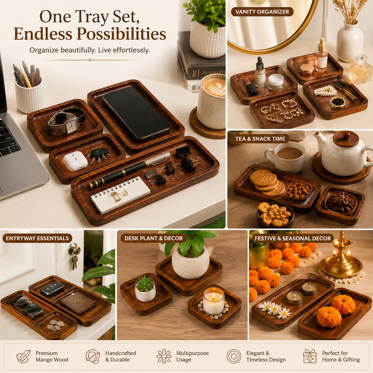 Wooden Desk Organizer Tray Set (Set of 3) | Premium Mango Wood Table Organizer for Mobile, Watch, Keys & Accessories | Multipurpose Office & Home Storage Trays | Rustic Finish