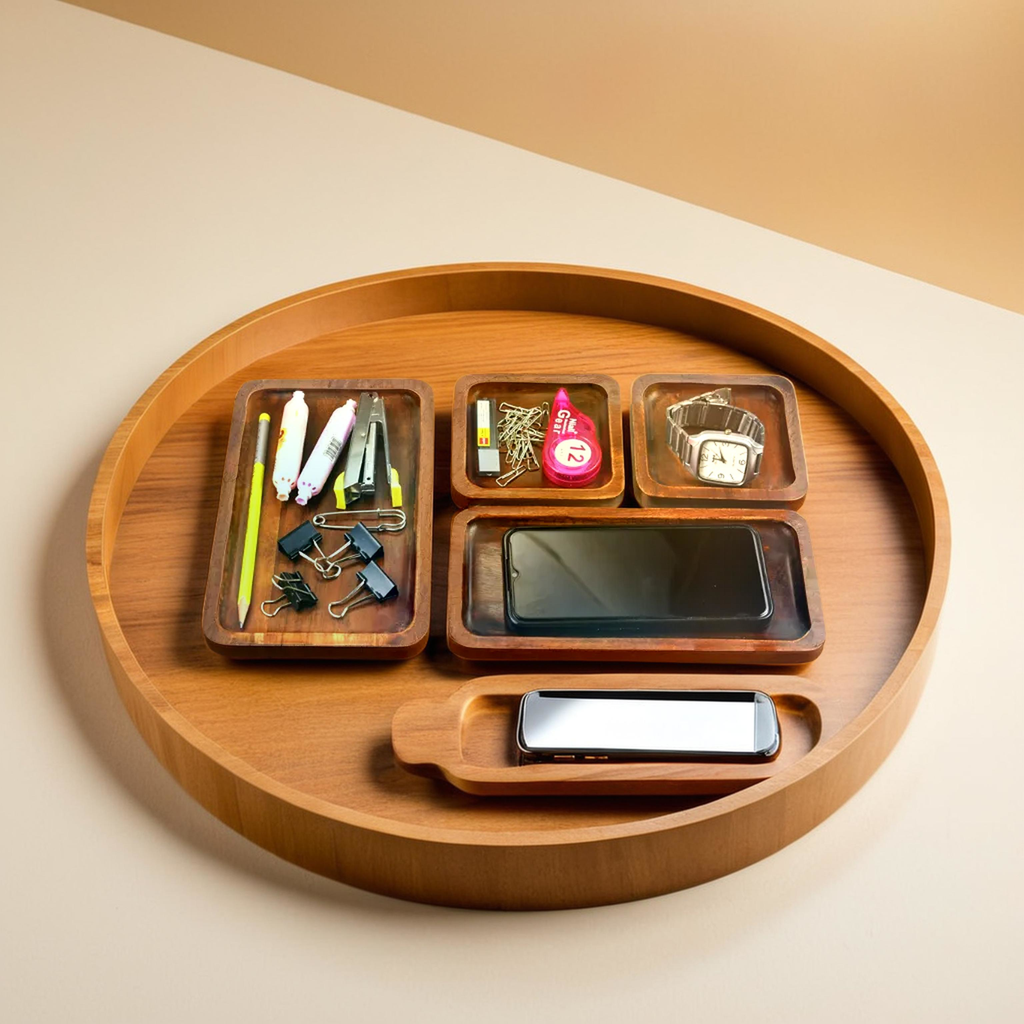 Wooden Desk Organizer Tray Set (Set of 3) | Premium Mango Wood Table Organizer for Mobile, Watch, Keys & Accessories | Multipurpose Office & Home Storage Trays | Rustic Finish