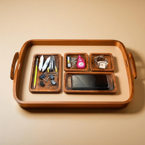 Wooden Desk Organizer Tray Set (Set of 3) | Premium Mango Wood Table Organizer for Mobile, Watch, Keys & Accessories | Multipurpose Office & Home Storage Trays | Rustic Finish
