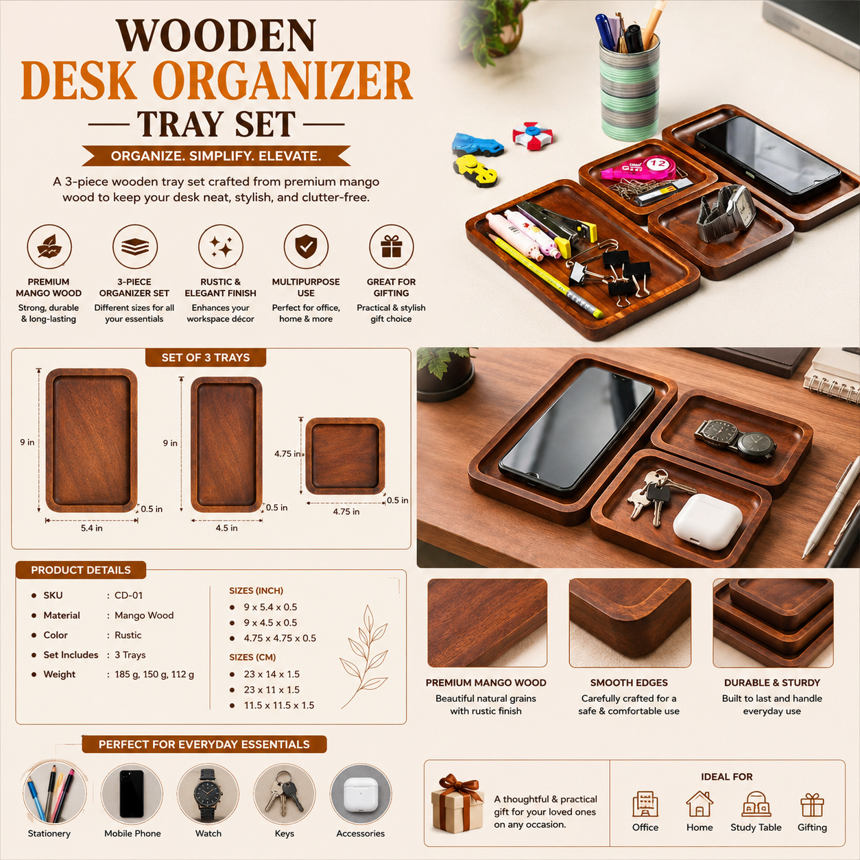 Wooden Desk Organizer Tray Set (Set of 3) | Premium Mango Wood Table Organizer for Mobile, Watch, Keys & Accessories | Multipurpose Office & Home Storage Trays | Rustic Finish