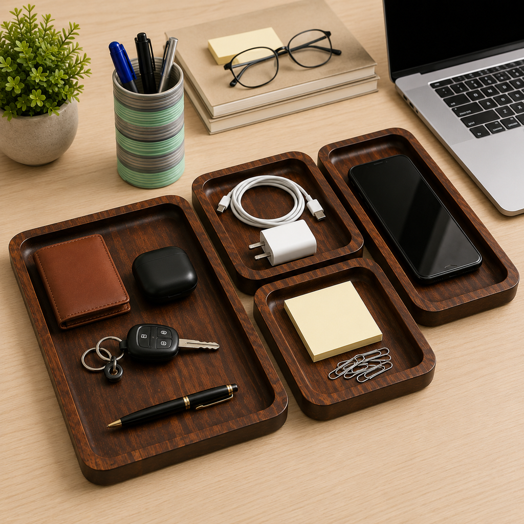 Wooden Desk Organizer Tray Set (Set of 3) | Premium Mango Wood Table Organizer for Mobile, Watch, Keys & Accessories | Multipurpose Office & Home Storage Trays | Rustic Finish