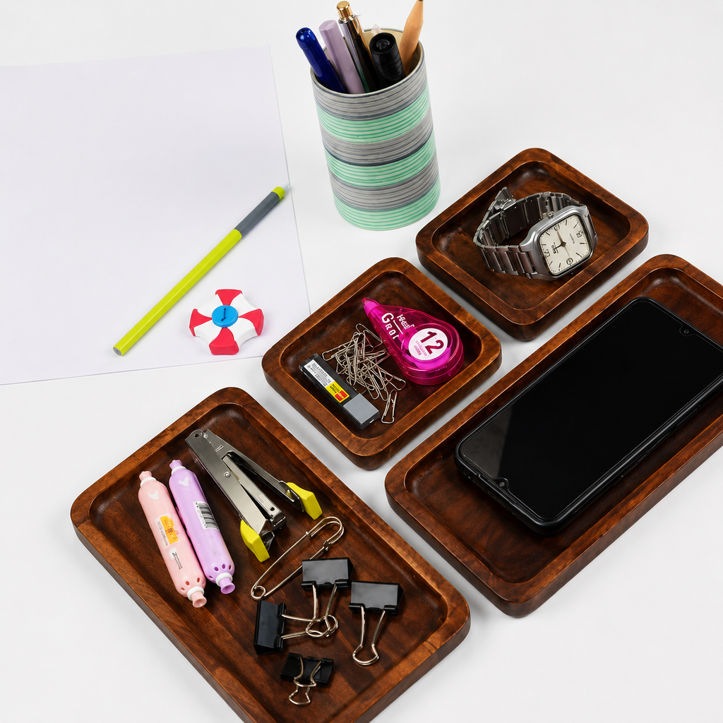 Wooden Desk Organizer Tray Set (Set of 3) | Premium Mango Wood Table Organizer for Mobile, Watch, Keys & Accessories | Multipurpose Office & Home Storage Trays | Rustic Finish