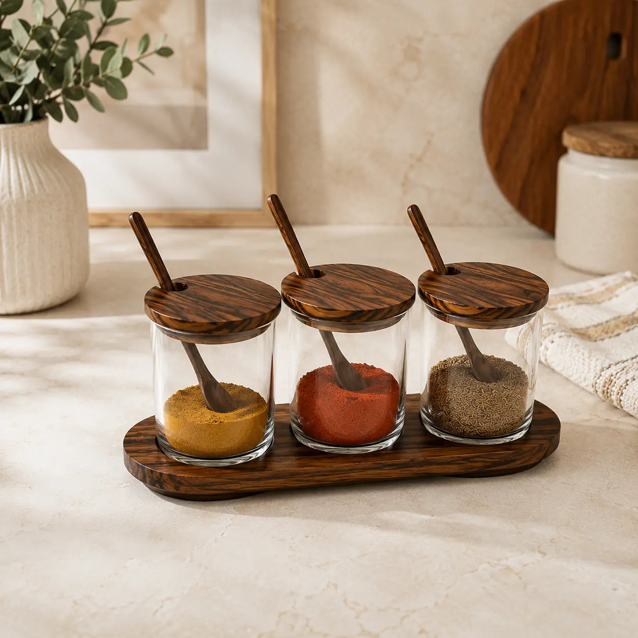 Handcrafted Premium Wood & Glass Spice Jar Set with Wooden Tray – 3 Piece Condiment Storage Container with Lids & Spoons | Elegant Kitchen & Dining Table Organizer | Brown (10 x 3.75 x 4 Inch)