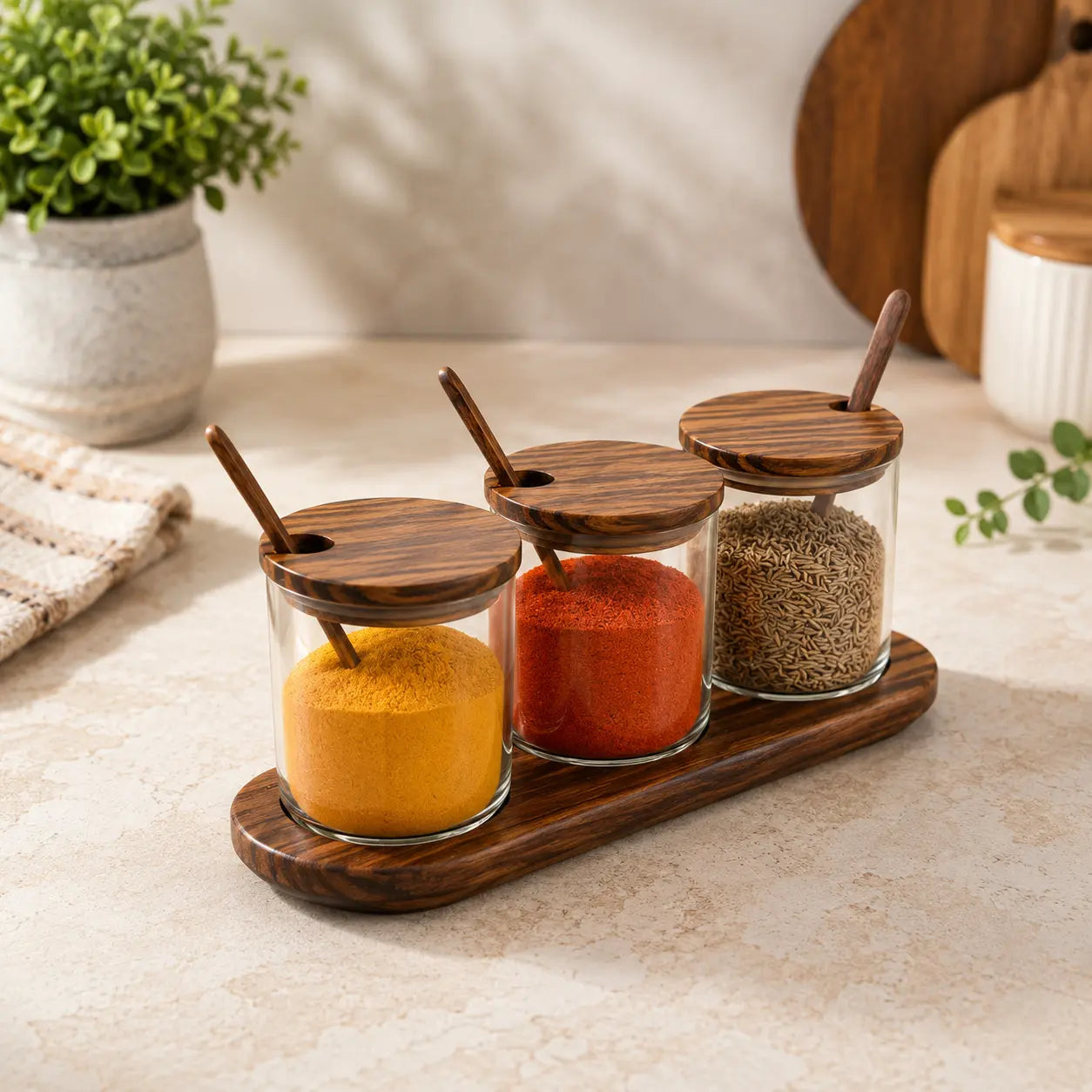 Handcrafted Premium Wood & Glass Spice Jar Set with Wooden Tray – 3 Piece Condiment Storage Container with Lids & Spoons | Elegant Kitchen & Dining Table Organizer | Brown (10 x 3.75 x 4 Inch)