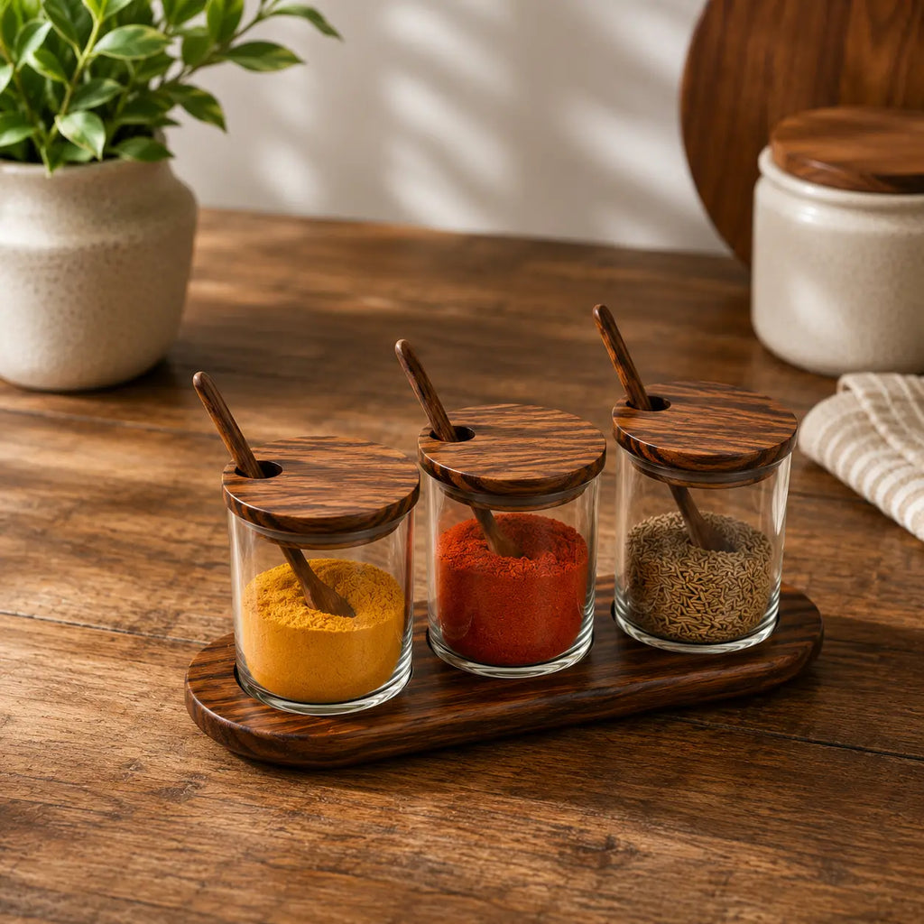 Handcrafted Premium Wood & Glass Spice Jar Set with Wooden Tray – 3 Piece Condiment Storage Container with Lids & Spoons | Elegant Kitchen & Dining Table Organizer | Brown (10 x 3.75 x 4 Inch)