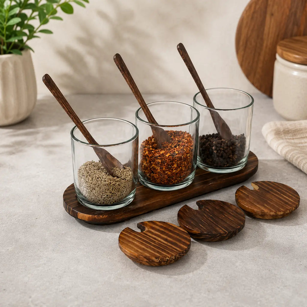 Handcrafted Premium Wood & Glass Spice Jar Set with Wooden Tray – 3 Piece Condiment Storage Container with Lids & Spoons | Elegant Kitchen & Dining Table Organizer | Brown (10 x 3.75 x 4 Inch)
