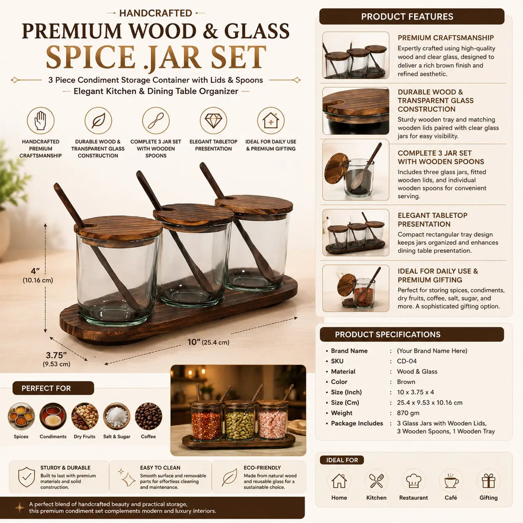 Handcrafted Premium Wood & Glass Spice Jar Set with Wooden Tray – 3 Piece Condiment Storage Container with Lids & Spoons | Elegant Kitchen & Dining Table Organizer | Brown (10 x 3.75 x 4 Inch)