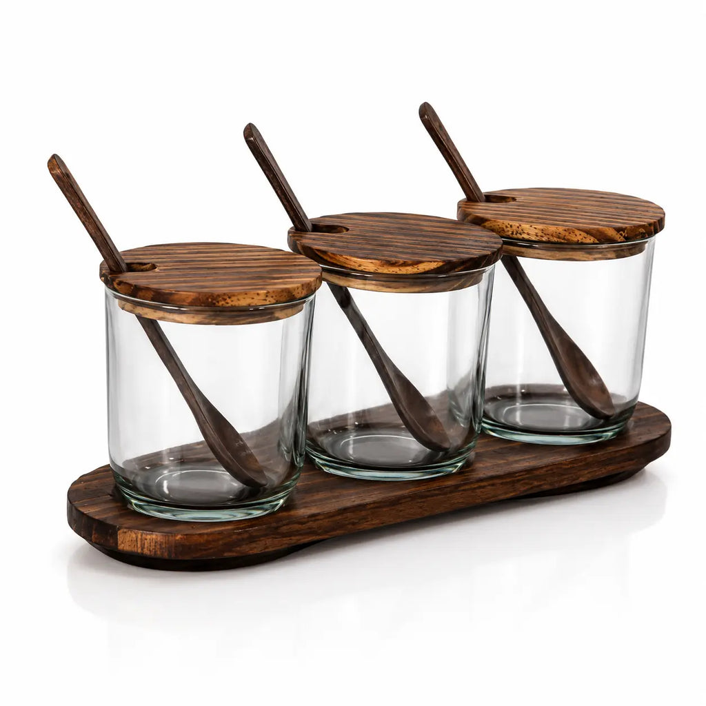 Handcrafted Premium Wood & Glass Spice Jar Set with Wooden Tray – 3 Piece Condiment Storage Container with Lids & Spoons | Elegant Kitchen & Dining Table Organizer | Brown (10 x 3.75 x 4 Inch)
