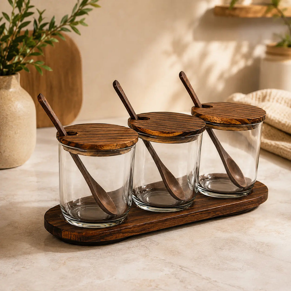 Handcrafted Premium Wood & Glass Spice Jar Set with Wooden Tray – 3 Piece Condiment Storage Container with Lids & Spoons | Elegant Kitchen & Dining Table Organizer | Brown (10 x 3.75 x 4 Inch)