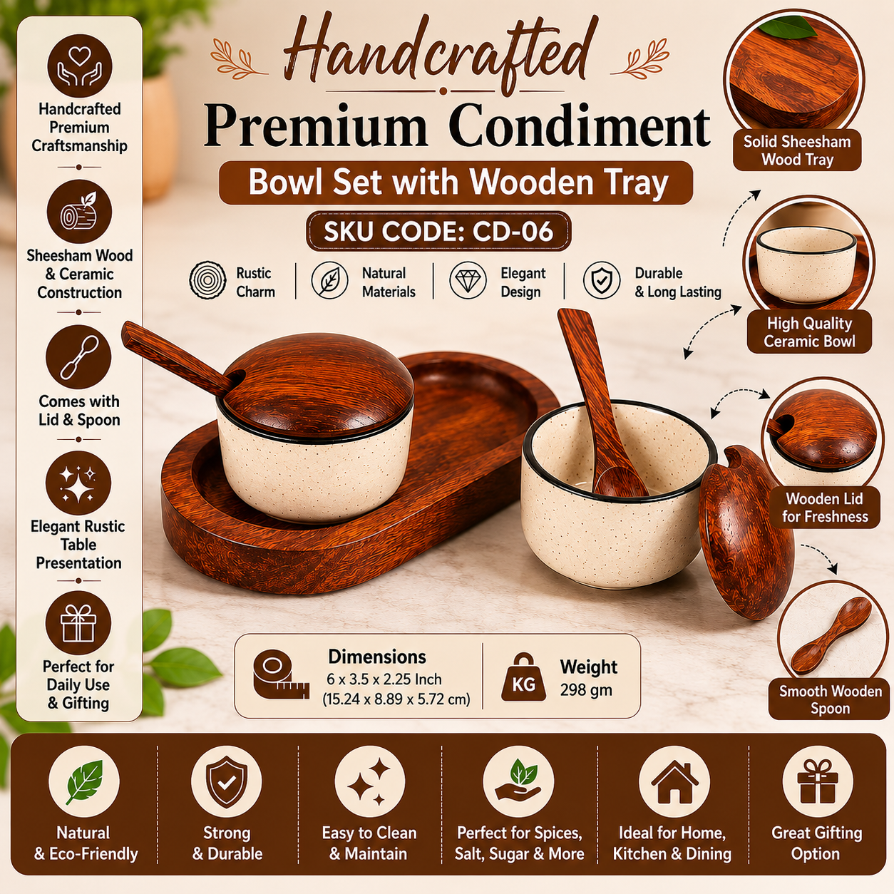 Handcrafted Premium Sheesham Wood & Ceramic Condiment Bowl Set with Wooden Tray