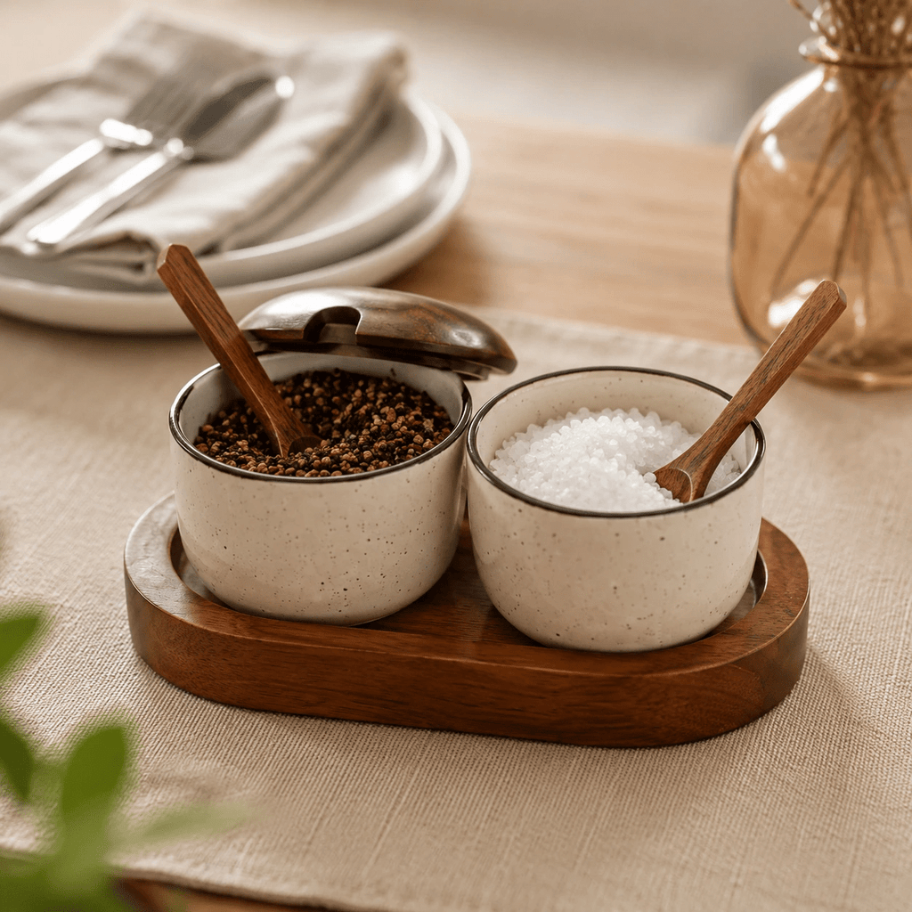 Handcrafted Premium Sheesham Wood & Ceramic Condiment Bowl Set with Wooden Tray