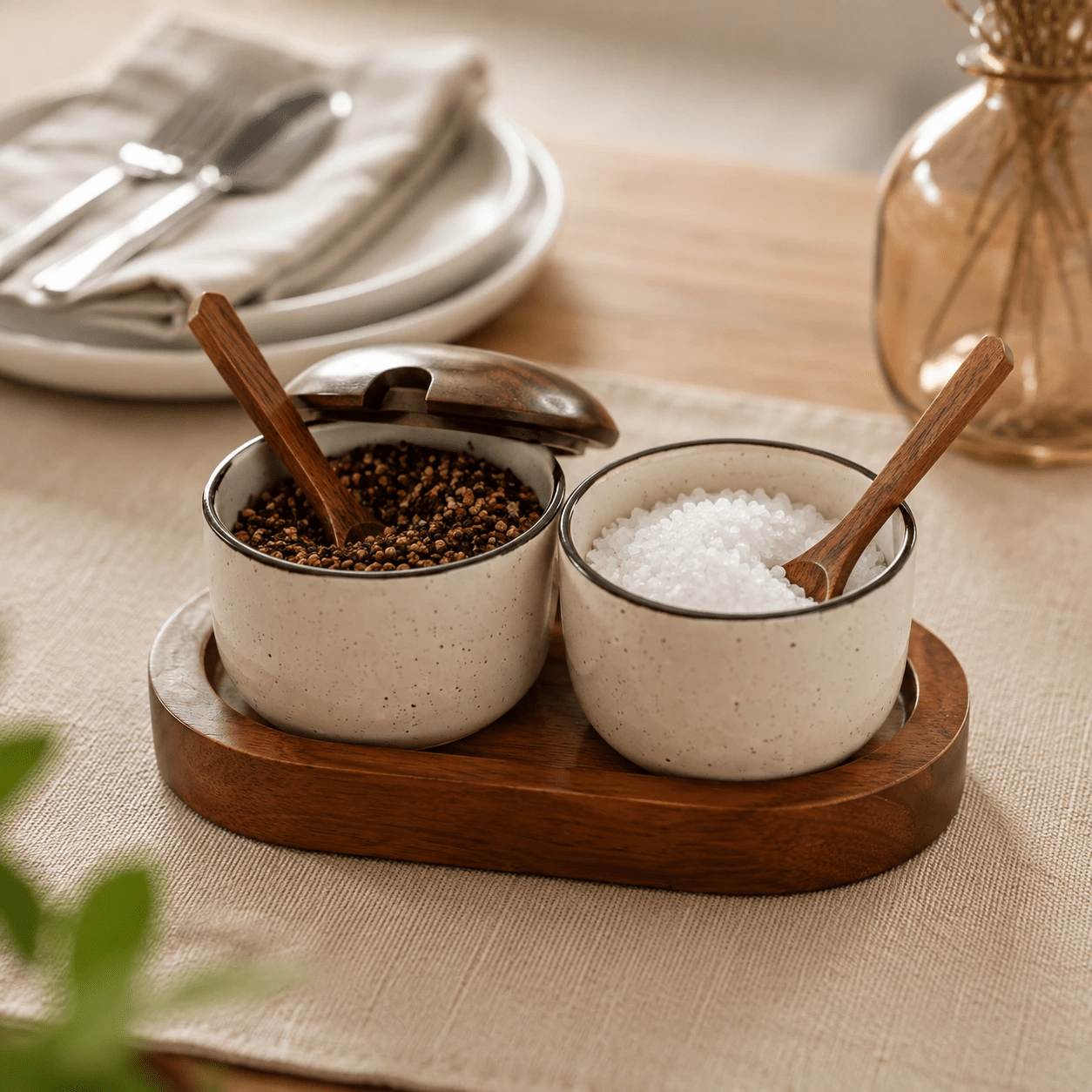 Handcrafted Premium Sheesham Wood & Ceramic Condiment Bowl Set with Wooden Tray