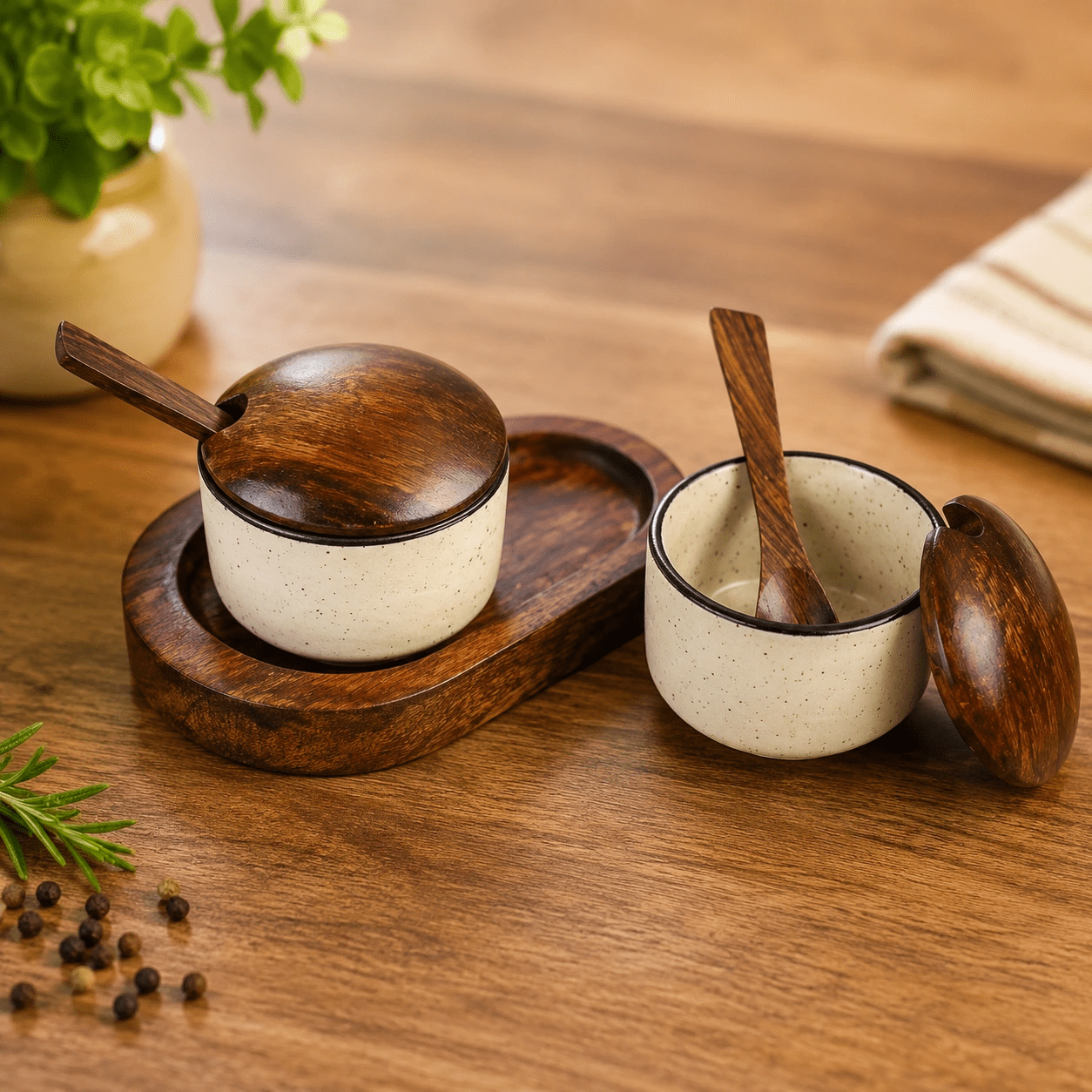 Handcrafted Premium Sheesham Wood & Ceramic Condiment Bowl Set with Wooden Tray