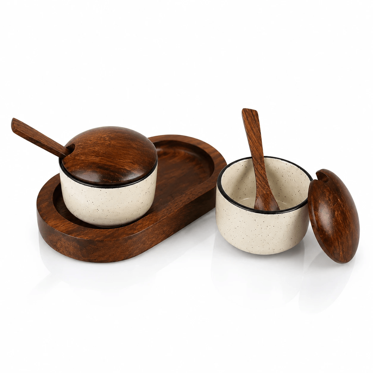 Handcrafted Premium Sheesham Wood & Ceramic Condiment Bowl Set with Wooden Tray