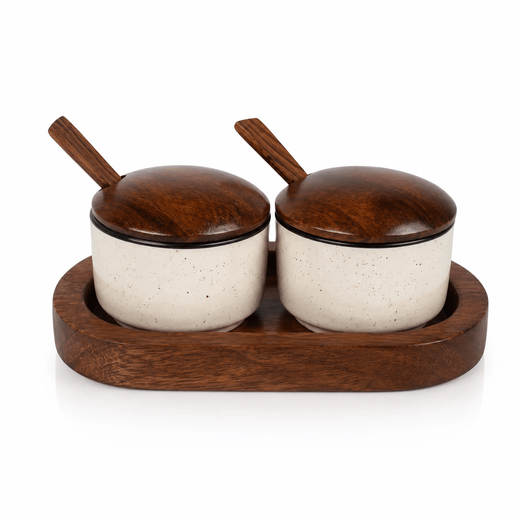 Handcrafted Premium Sheesham Wood & Ceramic Condiment Bowl Set with Wooden Tray
