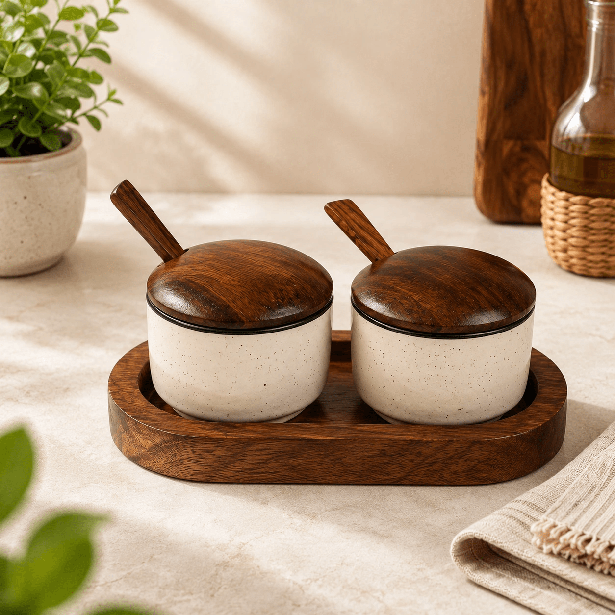 Handcrafted Premium Sheesham Wood & Ceramic Condiment Bowl Set with Wooden Tray