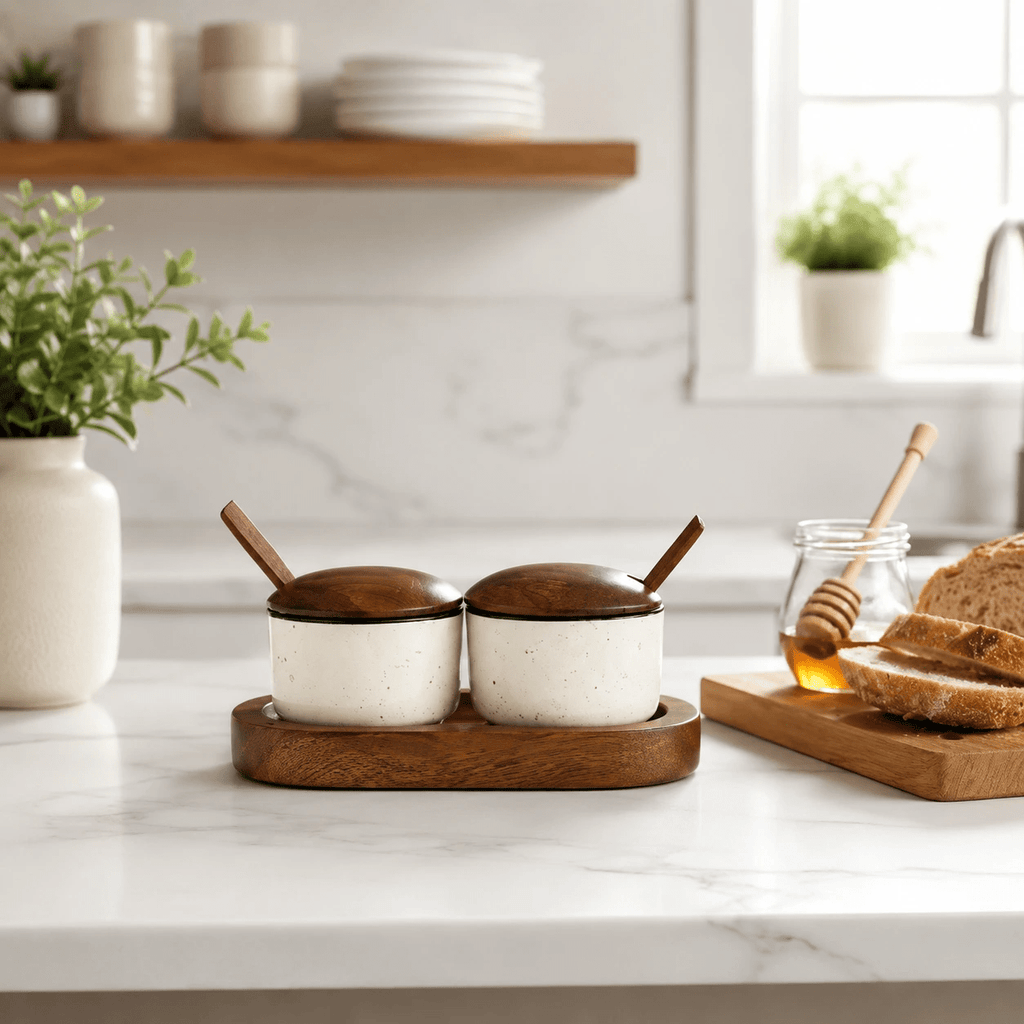 Handcrafted Premium Sheesham Wood & Ceramic Condiment Bowl Set with Wooden Tray