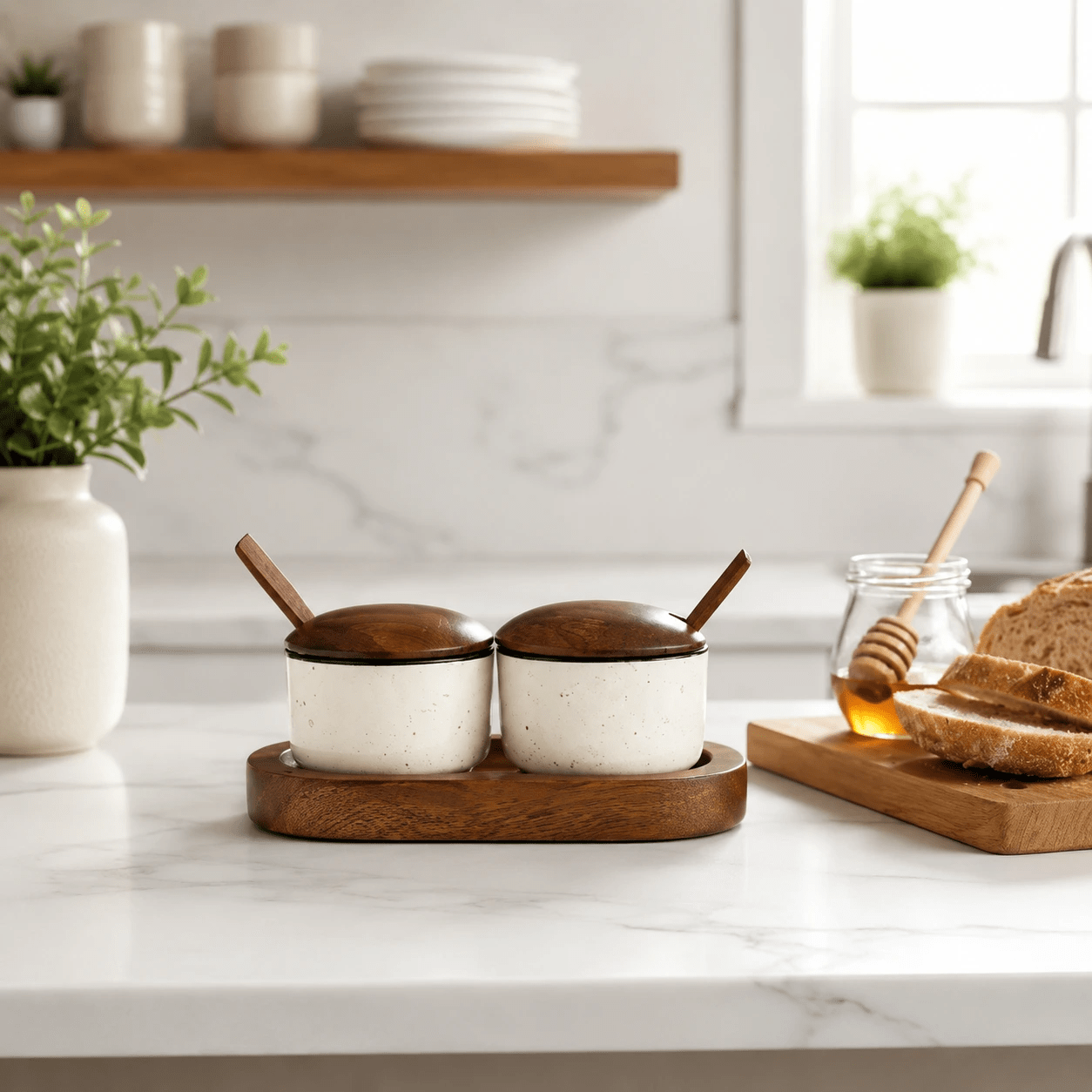 Handcrafted Premium Sheesham Wood & Ceramic Condiment Bowl Set with Wooden Tray