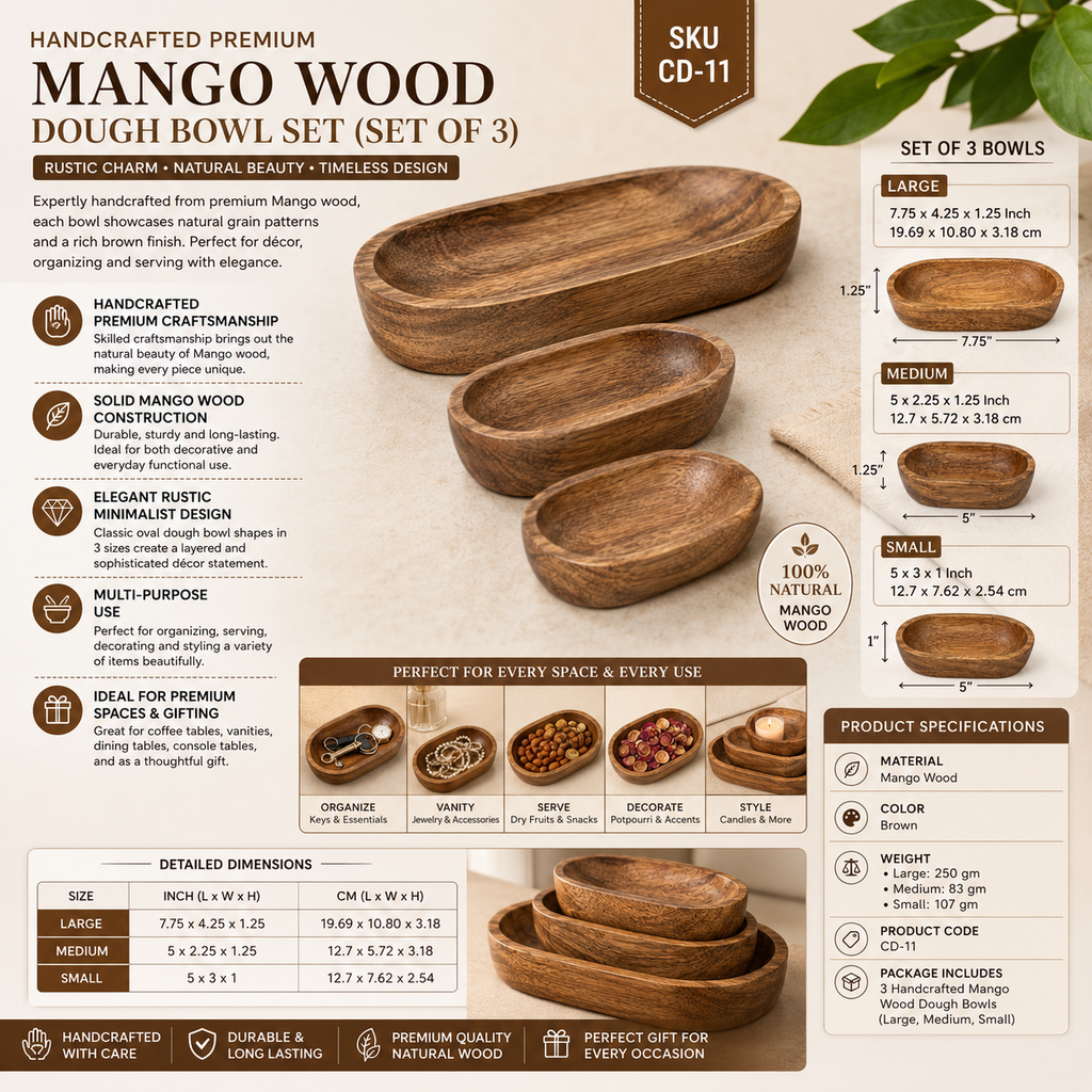 Handcrafted Premium Mango Wood Dough Bowl Set (Set of 3) – Rustic Wooden Decorative Serving & Organizer Trays | Luxury Coffee Table, Vanity & Dining Table Décor | Brown