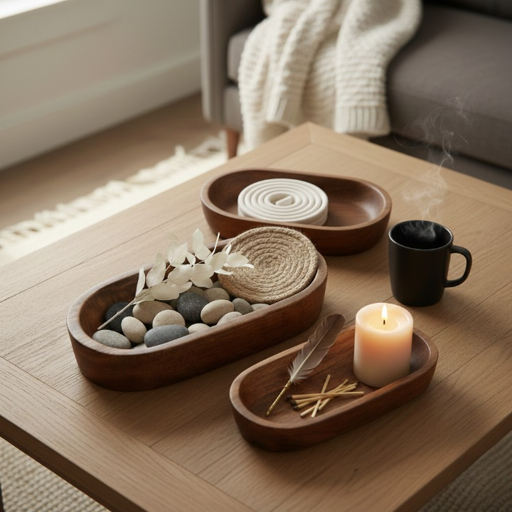 Handcrafted Premium Mango Wood Dough Bowl Set (Set of 3) – Rustic Wooden Decorative Serving & Organizer Trays | Luxury Coffee Table, Vanity & Dining Table Décor | Brown
