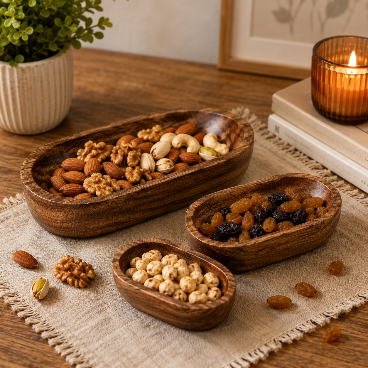 Handcrafted Premium Mango Wood Dough Bowl Set (Set of 3) – Rustic Wooden Decorative Serving & Organizer Trays | Luxury Coffee Table, Vanity & Dining Table Décor | Brown