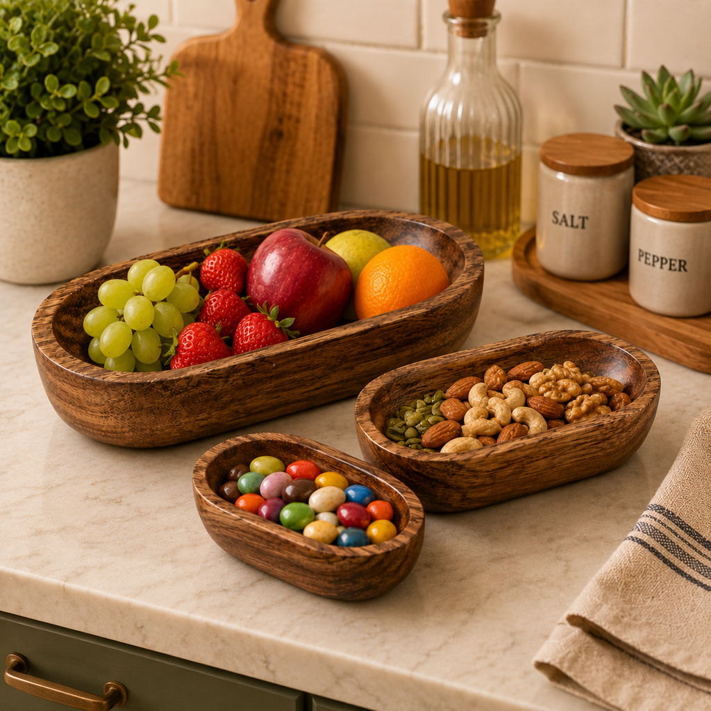Handcrafted Premium Mango Wood Dough Bowl Set (Set of 3) – Rustic Wooden Decorative Serving & Organizer Trays | Luxury Coffee Table, Vanity & Dining Table Décor | Brown