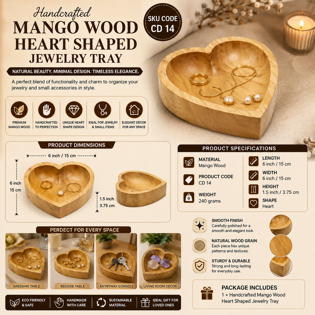 Handcrafted Mango Wood Heart Shaped Jewelry Tray – Wooden Decorative Trinket Dish for Rings, Earrings & Necklace | Heart Storage Bowl for Dressing Table | Minimalist Jewelry Organizer