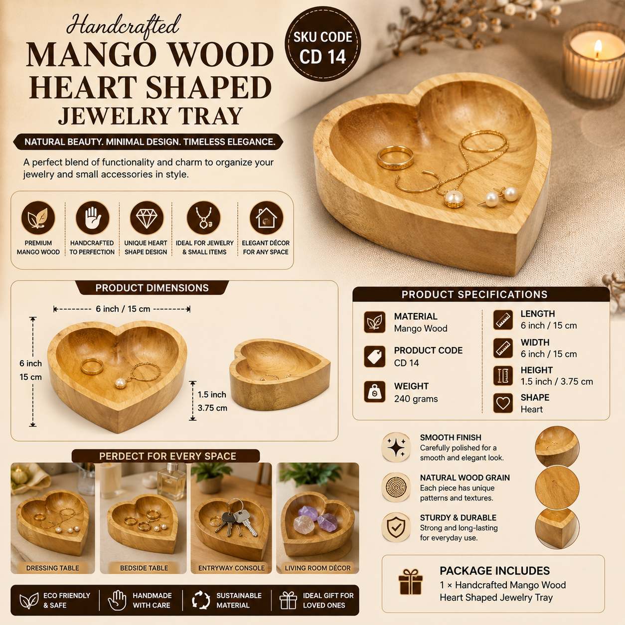 Handcrafted Mango Wood Heart Shaped Jewelry Tray – Wooden Decorative Trinket Dish for Rings, Earrings & Necklace | Heart Storage Bowl for Dressing Table | Minimalist Jewelry Organizer