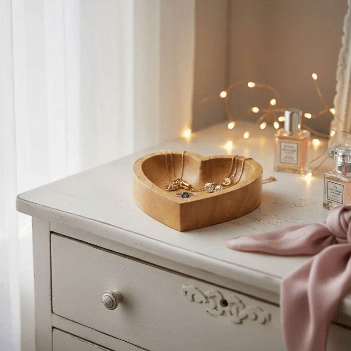 Handcrafted Mango Wood Heart Shaped Jewelry Tray – Wooden Decorative Trinket Dish for Rings, Earrings & Necklace | Heart Storage Bowl for Dressing Table | Minimalist Jewelry Organizer