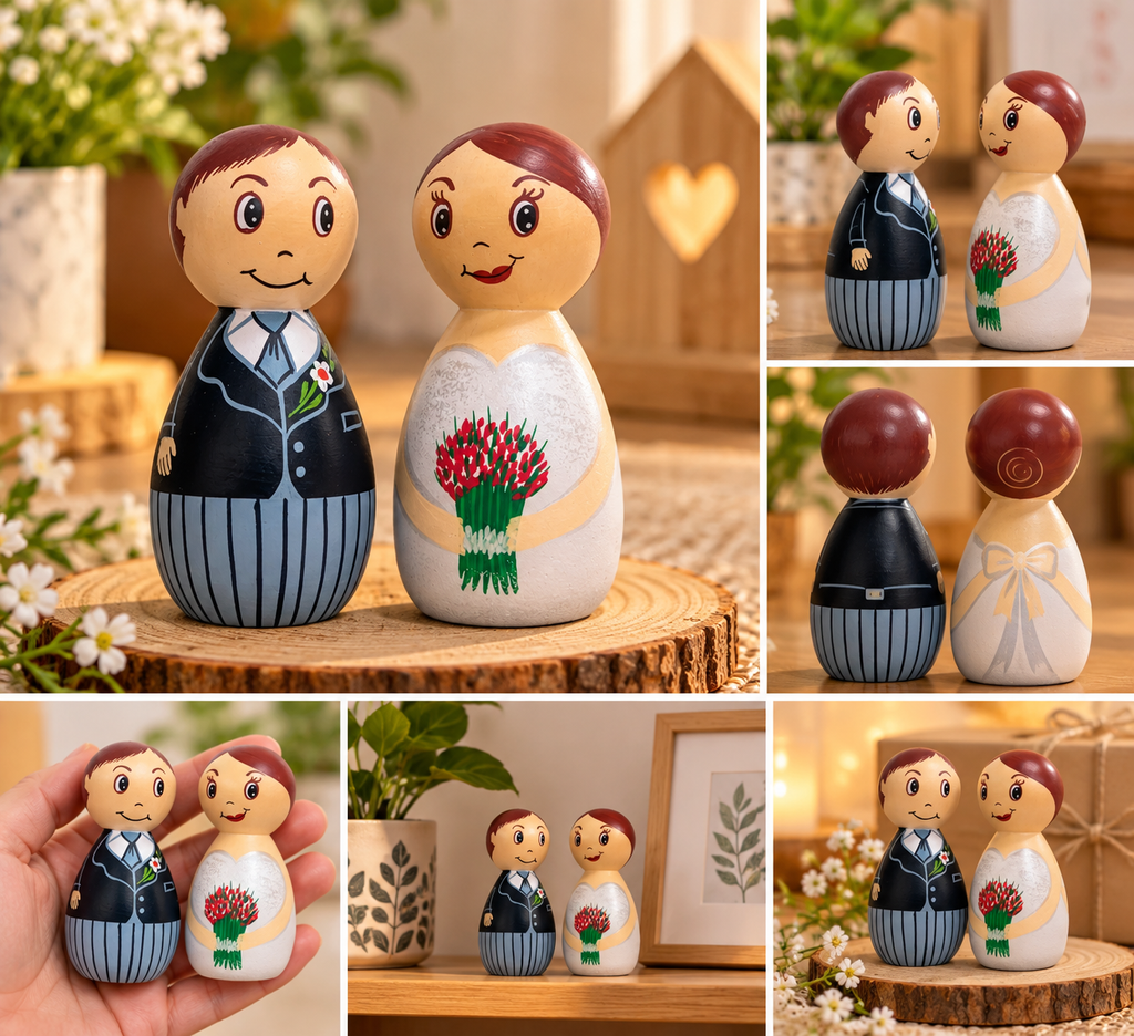 Wooden Bride and Groom Peg Dolls, Wedding Couple Figurines