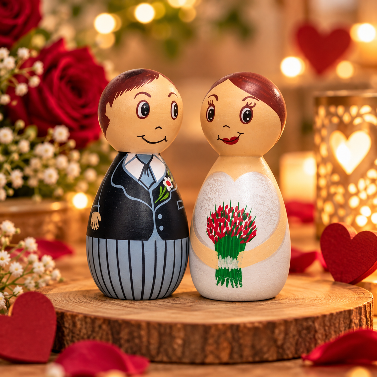 Wooden Bride and Groom Peg Dolls, Wedding Couple Figurines