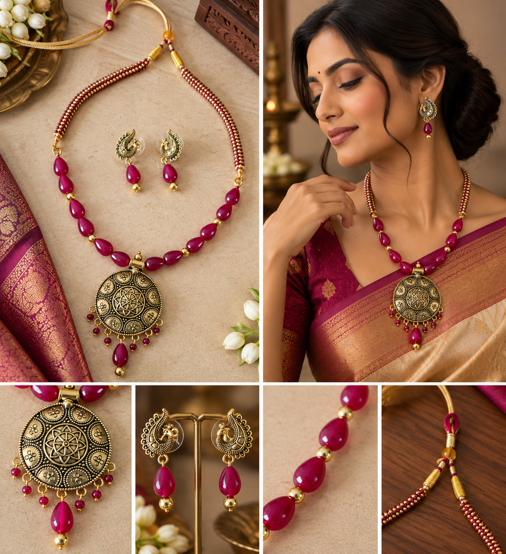 Deep Pink beads with Oxidized Gold Pendant Jewelry Set